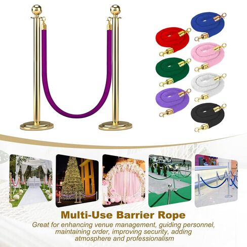 MECCANIXITY Velvet Stanchion Rope 6.6 Ft/2 M, Barrier Rope Velvet Carpet Ropes with Snap Hooks for Posts Stands Queue Divider Crowd Control, Purple Golden Pack of 2 in Kuwait
