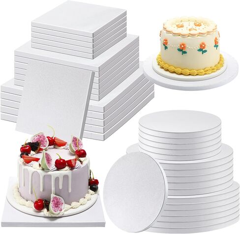 مجموعة براميل من ألواح الكيك مكونة من 36 قطعة، و18 قطعة من ألواح الكيك المستديرة مقاس 8/10/12 بوصة و18 قطعة من براميل الكيك المربعة مقاس 6/8/10 بوصة وكعكة سميكة 1/2 بوصة مقاومة للانحناء الثقيل لحلويات عيد الميلاد وعروض الكعك المتدرجة in Kuwait