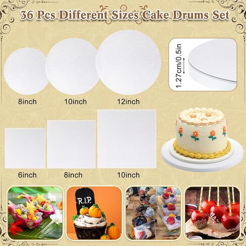 مجموعة براميل من ألواح الكيك مكونة من 36 قطعة، و18 قطعة من ألواح الكيك المستديرة مقاس 8/10/12 بوصة و18 قطعة من براميل الكيك المربعة مقاس 6/8/10 بوصة وكعكة سميكة 1/2 بوصة مقاومة للانحناء الثقيل لحلويات عيد الميلاد وعروض الكعك المتدرجة in Kuwait