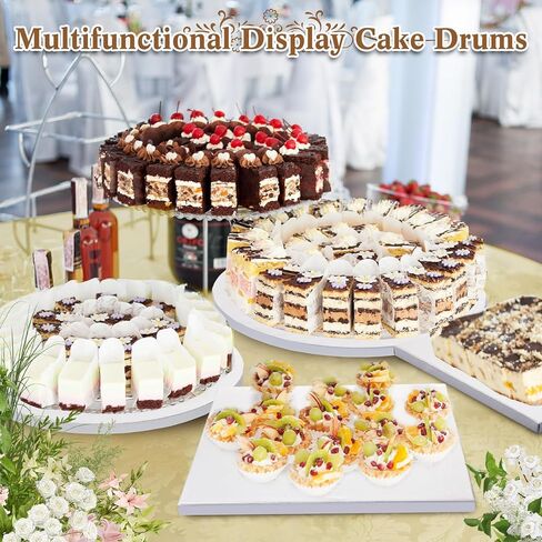مجموعة براميل من ألواح الكيك مكونة من 36 قطعة، و18 قطعة من ألواح الكيك المستديرة مقاس 8/10/12 بوصة و18 قطعة من براميل الكيك المربعة مقاس 6/8/10 بوصة وكعكة سميكة 1/2 بوصة مقاومة للانحناء الثقيل لحلويات عيد الميلاد وعروض الكعك المتدرجة in Kuwait