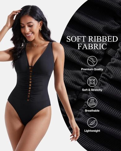 RXRXCOCO Women Sexy Cutout One Piece Swimsuit Tummy Control Ribbed Bathing Suit Plunge V Neck Swimsuits in Saudi Arabia