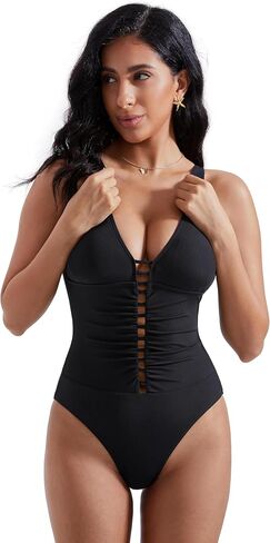 RXRXCOCO Women Sexy Cutout One Piece Swimsuit Tummy Control Ribbed Bathing Suit Plunge V Neck Swimsuits in Saudi Arabia