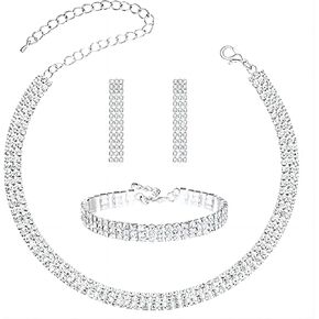 Tatibana Crystal Wedding Jewelry Set, Silver Necklace Earrings Bracelet Crystal Bridal Wedding Jewelry Sets for Brides Bridesmaid Prom Costume Accessories