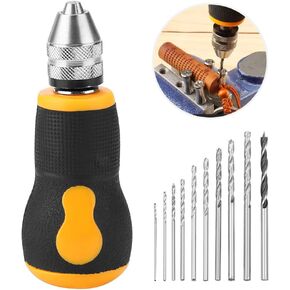 Micro Mini Hand Drill, Portable Hand Drill Tool Set with 10 Drill Bits 0.8-3.0mm Precision Pin Vise Woodworking Hand Drill for Model Jewelry Walnut Amber, 3.5 x 1.4inch