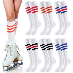 Shihanee 6 Pairs Roller Skate Socks Athletic Knee Skating Sport Socks Striped Tube Sock for Girls Youth Kids Easter Christmas(White, 7-12 Year)