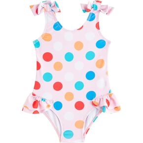 LIZENS Girls One Piece Swimwear Polka Dots 2-12Years Ruffle Trim Bow Beach Bathing Suit for Kids Swimsuit Flounce