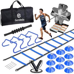 Agility Ladder Speed Training Equipment Set-20ft Fixed-Width Agility Ladder 4 Adjustable Hurdles Running Parachute Jump Rope Speed Training Equipment for Soccer Football Basketball