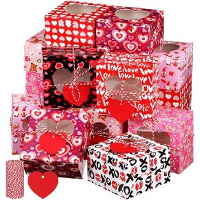 Skyygemm 50 Pcs Valentine's Day Bakery Treat Boxes Valentines Cupcake Boxes Valentines Goodie Boxes with Heart Window Bakery Take out Containers with Tags and Rope for Doughnut Cookie Candy Dessert