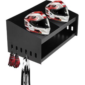 Towallmark Wall-Mounted Helmet Rack, Aluminum Double Helmet Holder with Hooks for Hanging Clothes, Helmet Stand Storage Cabinet Organizer for Garage Shop Use, Black