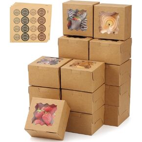 Brown 50pcs Cookie Boxes for Gift Giving, 4x4x2.5 Inches Small Bakery Boxes with Window, Kraft Paper Treat Boxes, Pastry Boxes for Dessert, Macarons, Cupcake, Donuts
