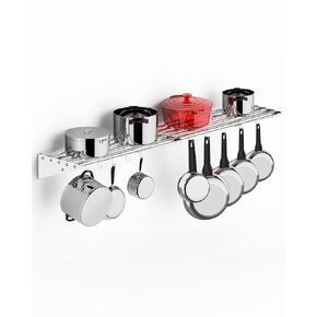 Metal Kitchen Rack for Storage and Organization, [NSF Certified] 12" x 60" Stainless Steel Wall Mount Shelf with 10 S Hooks for Hanging Pots, Pans, Cookware in Home and Restaurant