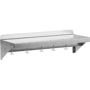 12" x 36" NSF Certified Stainless Steel Wall Mount Shelf - Multifunctional Metal Storage Rack with Backsplash and 6 Hooks