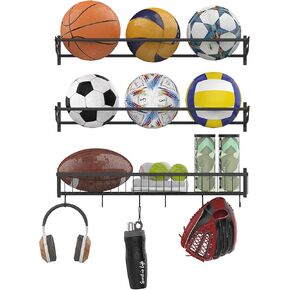 YBING Sports Equipment Organizer with 3 Separate Shelf, Ball Racks for Garage, Garage Sport Equipment Organizer with Hooks,Wall Mount Sports Holder Storage, Black