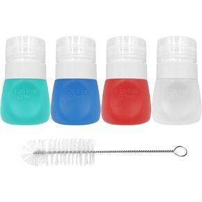 Squeeze Bottle Salad Dressing Container with Cleaning Brush, Dressing to Go for Lunch and Travel, Portable Sauce Leakproof Mini Storage Bottles (Food-Grade Silicone, BPA Free), 1.3 oz (Set of 4)