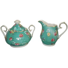 Gracie China Shabby Rose Porcelain 2-Piece Sugar and Creamer Set, Shabby Rose Teal