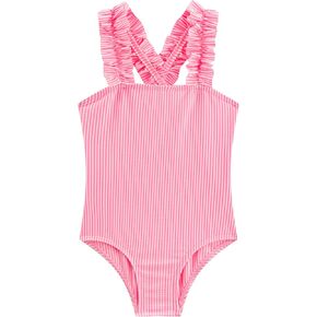 LIZENS Girls One Piece Swimwear Pink Stripe Ruffled Shoulder Straps Girls Swimsuit Size 2-12