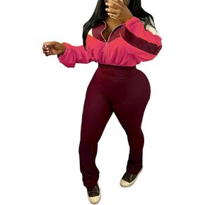 LAJIOJIO Long Sleeve Womens Sweatsuits 2 Piece Set Color Block Zip Up Crop Jacket Flared Leggings Pants Tracksuits