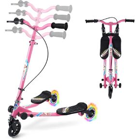 Swing Scooter for Kids, 3 Wheels Foldable Wiggle Scooter Push Drifting with Adjustable & 2 Rear LED Wheels Kicks Scooter for Boys and Girls Ages 3-8