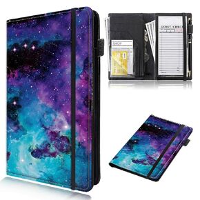 Server Book for Waitress 9 x 5" PU Leather Waiter Book Organizer with Zipper Money Pocket Serving Book Restaurant Guest Check Book Pen Holder Wallet Note Pads Fit Server Aprons,Purple Galaxy