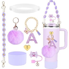 Stanley Cup Accessories Set, 10mm Stanley Straw Topper, Siliocne Stanley Cup Boot, Water Bottle Handle Strap, Stanley Letter Charms for Stanley Cup 40oz 30oz Tumbler (E)