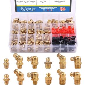 Glarks 156Pcs Metric & SAE Straight and 45 Degree and 90 Degree Hydraulic Grease Brass Zerk Grease Nipple Fitting with 60Pcs M6 M10 Caps Assortment Kit