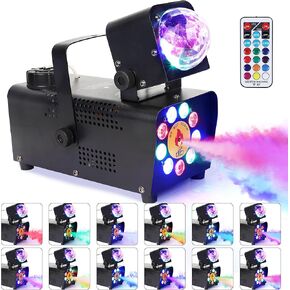 ATDAWN Fog Machine with 9 LED Lights and Disco Ball Lights, Wireless Remote Control Smoke Machine for Wedding, Halloween, Party and Stage Effect