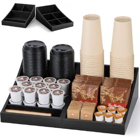 Coffee Station Organizer for Countertop, Coffee Condiment Service Tray, Coffee Bar Supplies Organizer for Home, Office and Breakroom - Wooden, Black, 9 Compartment, Two-in-One