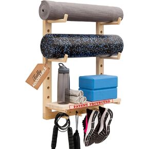 Yoga Mat Holder Wall Mount Home Gym Storage Rack - Fully Customizable Yoga Mat Wall Holder Wooden Yoga Mat Storage Rack as Gym Shelf for Home Gym Wall Storage or Yoga Mat Organizer for Peloton Accessories in Kuwait