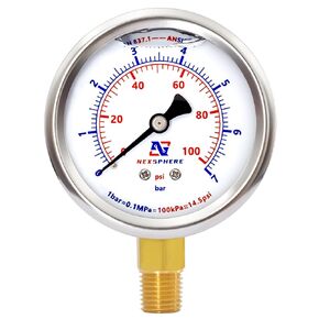 2-1/2" Liquid Filled Pressure Gauge, 0-100psi/0-7 Bar, 304 Stainless Steel Case, 1/4" NPT Lower Mount, Brass Connection, IP67, Vibration Resistant, Automotive & Industrial Use