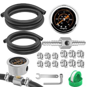 Fuel Pressure Gauge Kit, 0-15psi Glycerin Filled Fuel Pressure Gauge,1/8" NPT Back Mount Fuel Pressure Regulator with 5/16" and 3/8" Fuel Line Hose, 5/16" to 3/8" Barbed Hose Fitting(304SS)