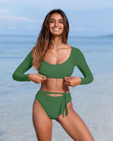 ملابس سباحة نسائية قطعة علوية عالية الخصر بيكيني مجموعة ملابس سباحة طويلة الأكمام للحماية من الطفح الجلدي in Kuwait