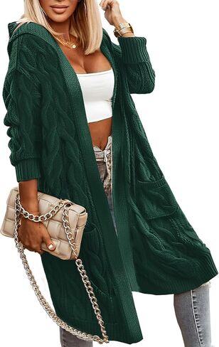WIFFGO Hooded Open Front Cardigan for Women Cable Knit Sweaters Chunky Pocketed Oversized Knee Length Long Coats in Saudi Arabia