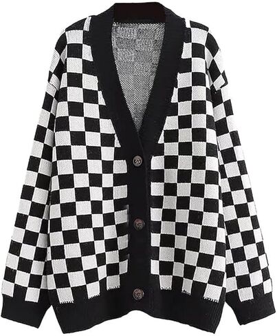 CORIRESHA Women's Fall Checkered Long Sleeve Cardigan Sweet Cute Cozy Knit Sweater Coat in Kuwait