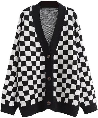 CORIRESHA Women's Fall Checkered Long Sleeve Cardigan Sweet Cute Cozy Knit Sweater Coat in Kuwait