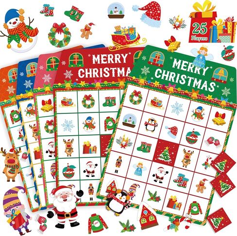 SpriteGru Christmas Bingo Game, 25PCS Bingo Board Game, 2-25 Players Bingo Game Set for Teenager or Adults Xmas Party, Fun Interesting Activity Winter Party Supplies in Kuwait