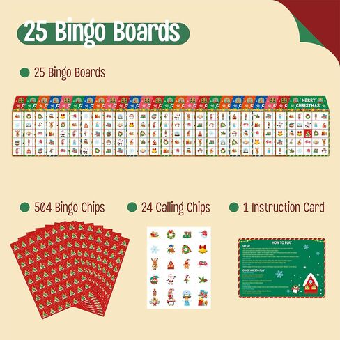 SpriteGru Christmas Bingo Game, 25PCS Bingo Board Game, 2-25 Players Bingo Game Set for Teenager or Adults Xmas Party, Fun Interesting Activity Winter Party Supplies in Kuwait
