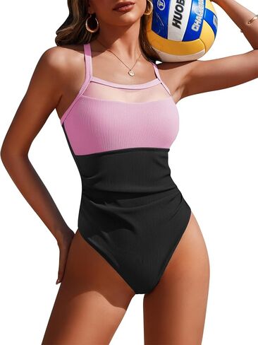 AI'MAGE Women's Ribbed One Piece Swimsuit Tummy Control Ruched Bathing Suit Sexy Mesh Swim Suits Crisscross Back Tie Swimwear in Saudi Arabia