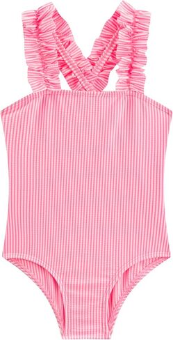 LIZENS Girls One Piece Swimwear Pink Stripe Ruffled Shoulder Straps Girls Swimsuit Size 2-12 in Kuwait