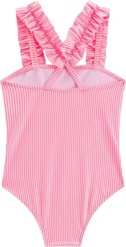 LIZENS Girls One Piece Swimwear Pink Stripe Ruffled Shoulder Straps Girls Swimsuit Size 2-12 in Kuwait
