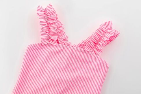 LIZENS Girls One Piece Swimwear Pink Stripe Ruffled Shoulder Straps Girls Swimsuit Size 2-12 in Kuwait