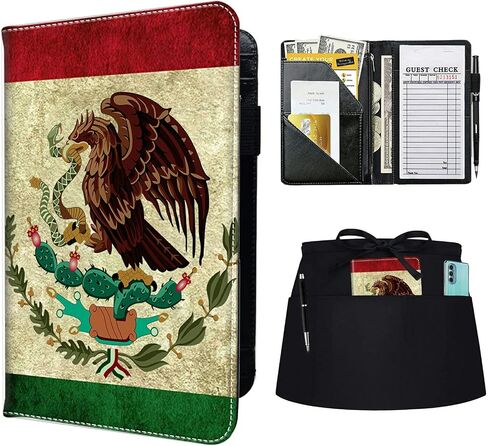 Rossy Server Book + Apron, Waitress Books Booklet Wallet Waiter Book with Zipper Pocket PU Leather Cute Serving Books with Black Waist Apron for Servers Waiters,Mexico Mexican Vintage Flag in Kuwait