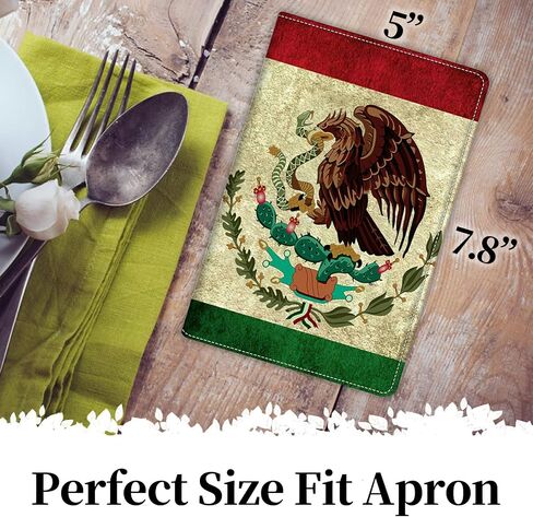 Rossy Server Book + Apron, Waitress Books Booklet Wallet Waiter Book with Zipper Pocket PU Leather Cute Serving Books with Black Waist Apron for Servers Waiters,Mexico Mexican Vintage Flag in Kuwait