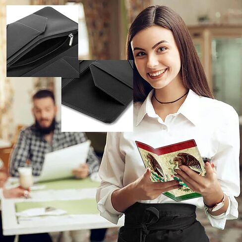 Rossy Server Book + Apron, Waitress Books Booklet Wallet Waiter Book with Zipper Pocket PU Leather Cute Serving Books with Black Waist Apron for Servers Waiters,Mexico Mexican Vintage Flag in Kuwait