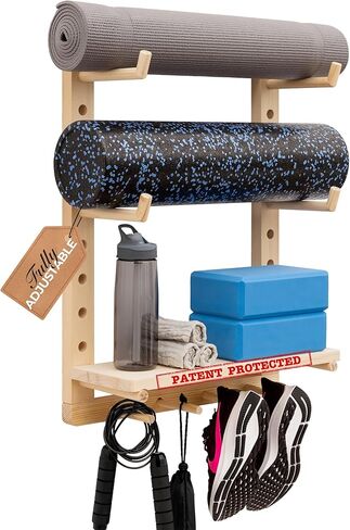 Yoga Mat Holder Wall Mount Home Gym Storage Rack - Fully Customizable Yoga Mat Wall Holder Wooden Yoga Mat Storage Rack as Gym Shelf for Home Gym Wall Storage or Yoga Mat Organizer for Peloton Accessories in Saudi Arabia