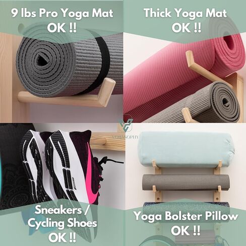 Yoga Mat Holder Wall Mount Home Gym Storage Rack - Fully Customizable Yoga Mat Wall Holder Wooden Yoga Mat Storage Rack as Gym Shelf for Home Gym Wall Storage or Yoga Mat Organizer for Peloton Accessories in Saudi Arabia