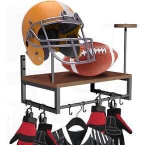 Motorcycle Helmet Holder with 4 Glove Clips&5 S-Hooks, A Tier Exhibition Type Wall Mount Helmet Rack Stand for Motorcycle Accessories Storage and Moto Riding Gear, Helmet Clothes Gloves