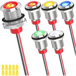 6Pcs 12mm DC 12-24V 1A Red/Yellow/Blue/Green/White LED Indicator Light Waterproof Indicator Signal Lamp with 150mm Cable Length Metal LED Indicator Light and Wiring Cap for Car Boat