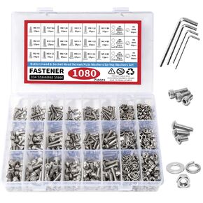 1080PCS Nuts and Bolts Assortment Kit, M3 M4 M5 Machine Screw Set, Button Head & Socket Head Metric Screws, Stainless Steel Nut and Bolt and Washer Hardware Kit with Wrench…
