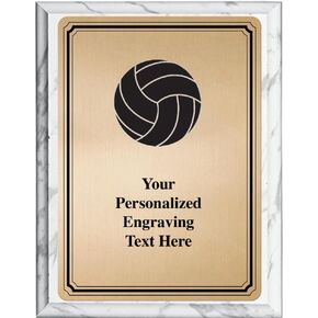 Crown Awards Volleyball Plaque Award, 6x8 Personalized Gold Volleyball Team Metal Trophy On White Marble Plaque with Custom Engraving Prime