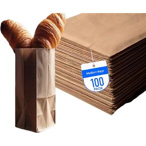 8LB Brown Kraft Paper Bags - Pack of 100, Regular Size, Great for Takeout Orders, Lunch Bags (6.1" X 4.1" X 12.4") - Durable, Reusable, Recyclable & Biodegradable, Ideal for Cafes, and Delis